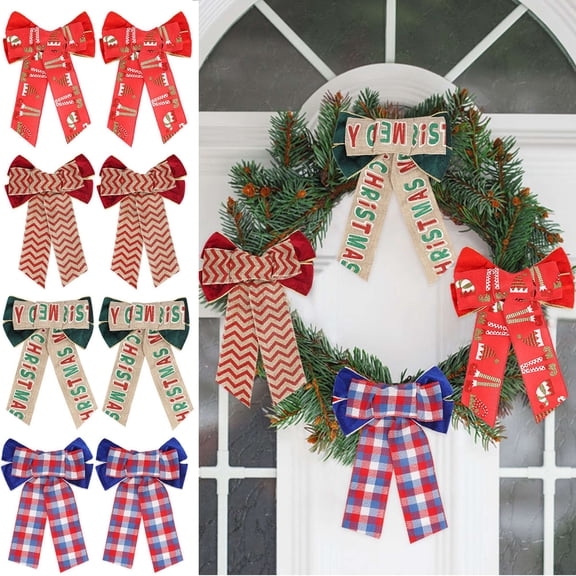Gustave 2Pcs Christmas Bows 8”x13” Large Velvet Plaid Bow Christmas Tree Wreath Ornaments with Glitter Edge for Xmas Holiday Party Home Outdoor Decoration - Striped Red