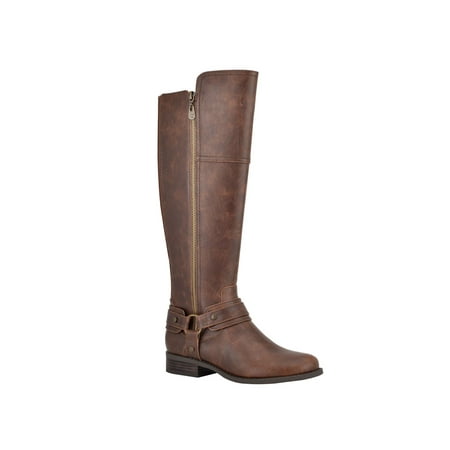 

GBG LOS ANGELES Womens Brown Ankle Strap Studded Round Toe Stacked Heel Zip-Up Boots 5