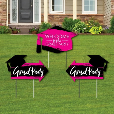Pink Grad - Best is Yet to Come - 2 Pink Graduation Party Arrows and 1 Welcome/Thank You Lawn Sign - Double Sided Grad