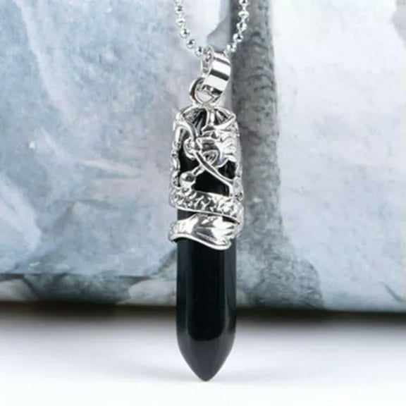 K-KED Natural Obelisk Pendant Quartz Crystal Point Wand Necklace Chakra Reiki Gemstone-Obsidian Stone-1pc