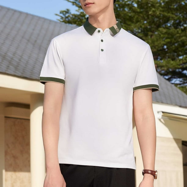 Blusa y camisa de manga corta con cuello vuelto para hombre, blusa informal de color liso con botones y manga corta con cuello vuelto, blusa de poliéster para hombre