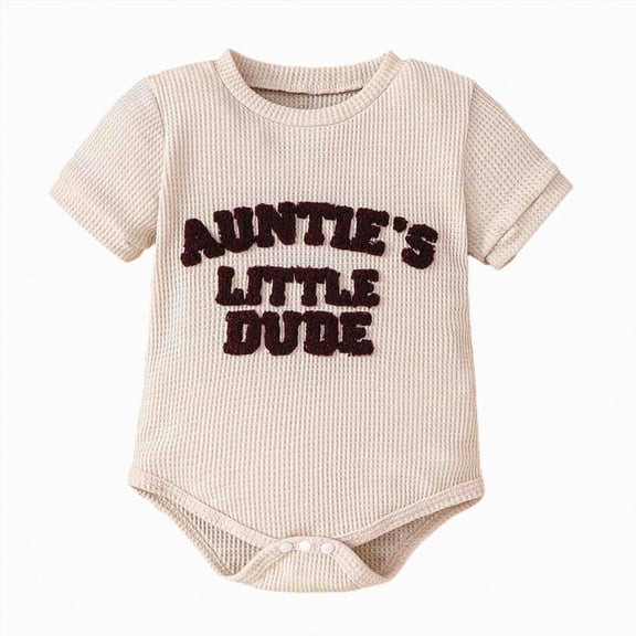 mgoYE Aunties Little Dude Baby Clothes Newborn Boy Summer Outfit Embroidery Letter Bodysuit Short Sleeve Waffle Romper(Beige,0-3 Months)