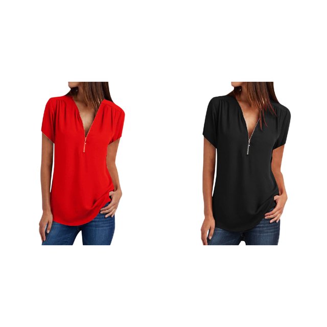 (Lot de 2) Rinsvye T-Shirt Ample Décontracté à Fermeture Éclair Col à Manches Longues pour Femmes