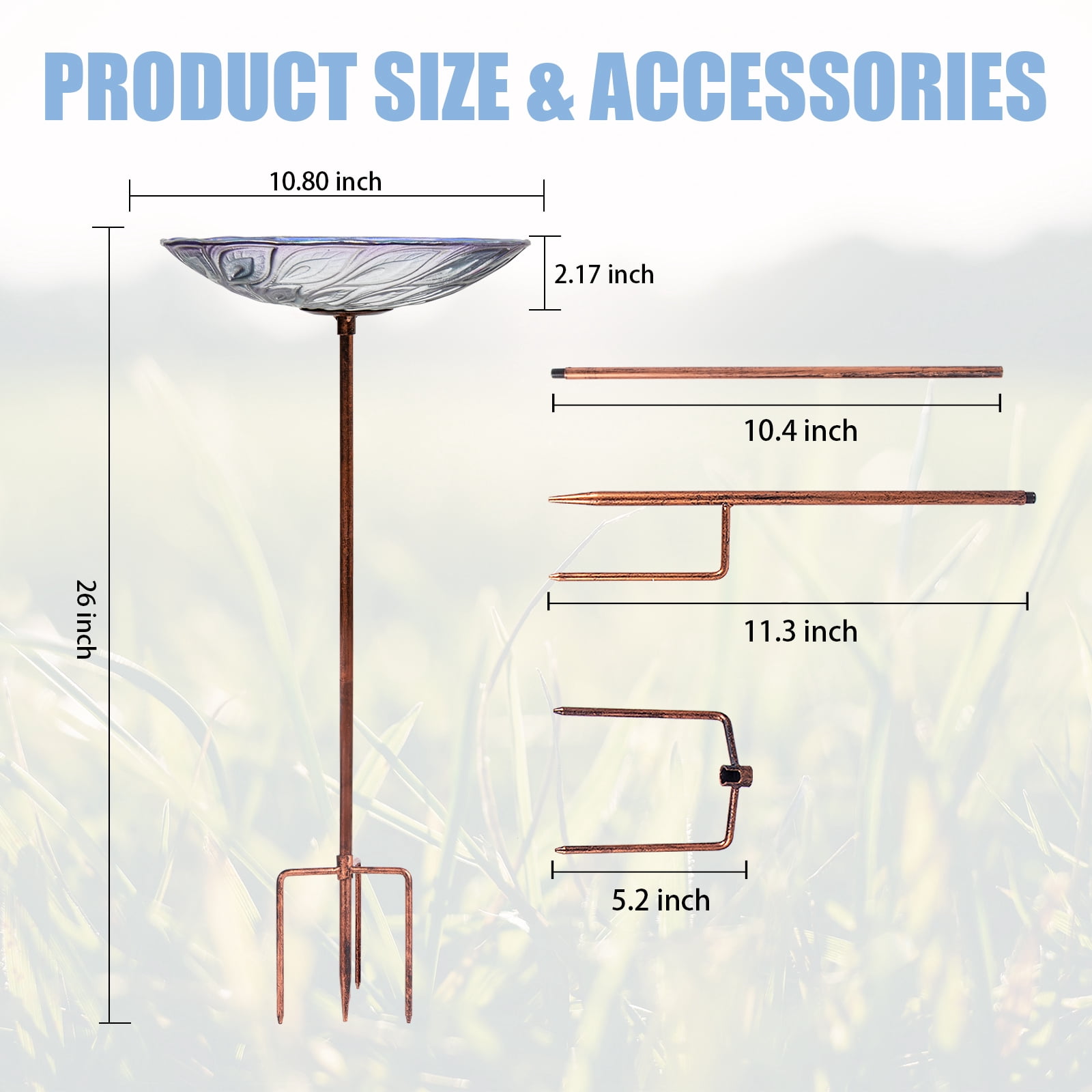 Metal Stake Garden Bird Bath with Peacock Design - Outdoor Glass Bird Bathing Dish for Garden Ornamentation and Wildlife Enjoyment.