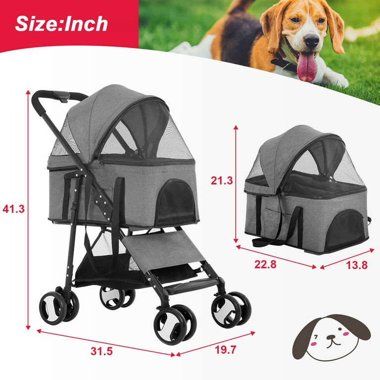 4 Wheels Doggie Cage, Cat Carts, Dog Carriage Pet Stroller, Jogger Foldable  Travel Carrier Durable, Puppy Trolley for Small-Medium Dogs, Cats