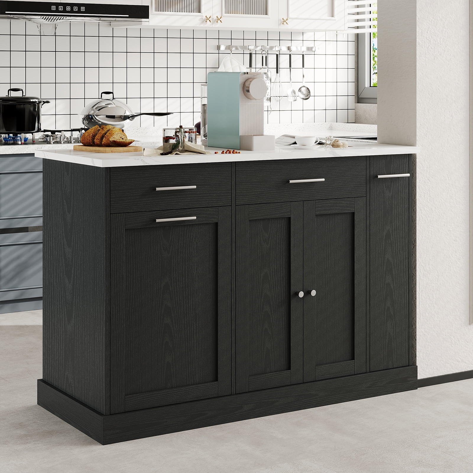 4 EVER WINNER Rolling Kitchen Island Cart with Storage, Mobile Kitchen Island on Wheels with Trash Can Storage, Spice Rack & Towel Rack, Multi-Functional Kitchen Island Table for Organization, Black