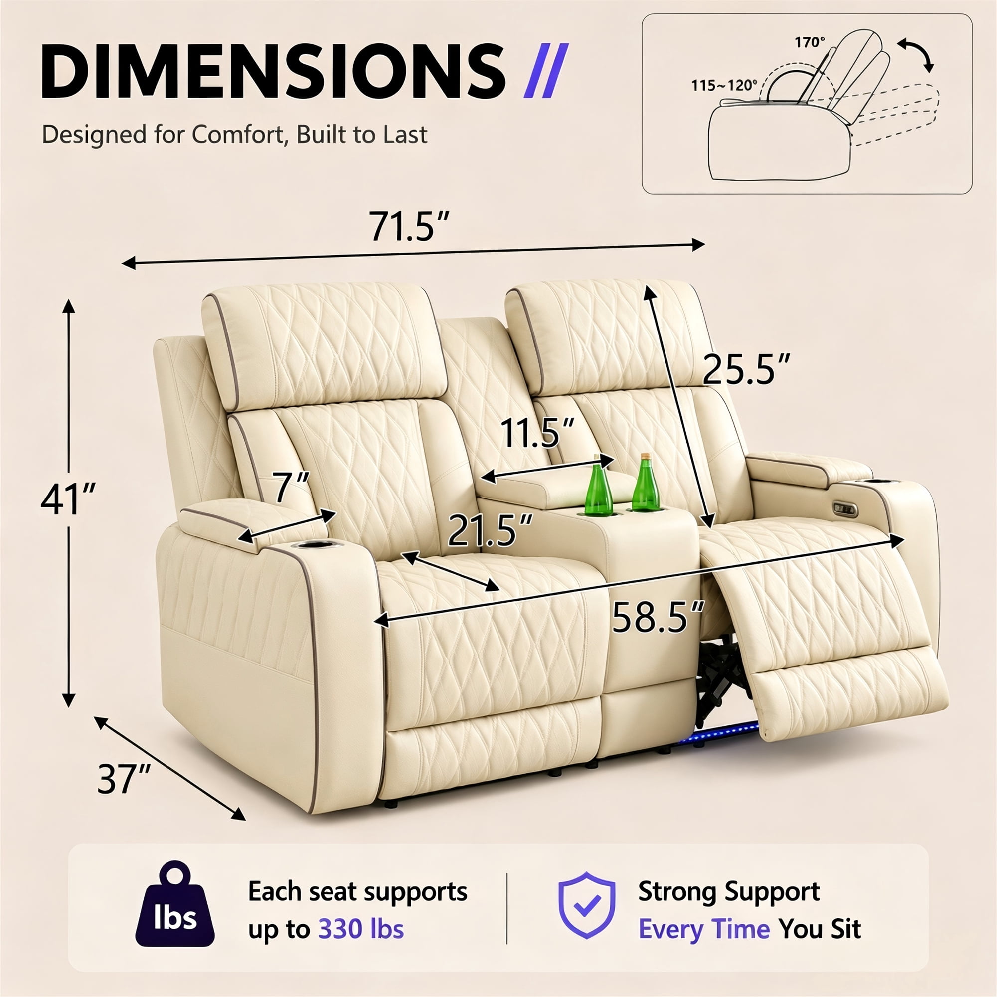 Aukfa Power Recliner Loveseat RV Sofa with USB, Cup Holders & LED Lighting, Storage Console, Home Theater Seating for Living Room, PU Leather, Beige