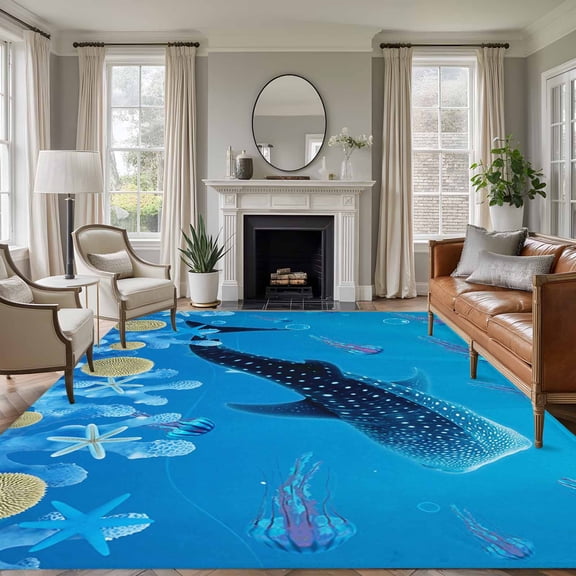 Coastal Whale Area Rugs 8'x10', Washable Small Throw Rugs for Living Room Patio, Blue Nautical Ocean Jellyfish Coral Starfish Indoor Outdoor Rug Non-Slip Low Pile Carpet Runner Reversible Floor Mats