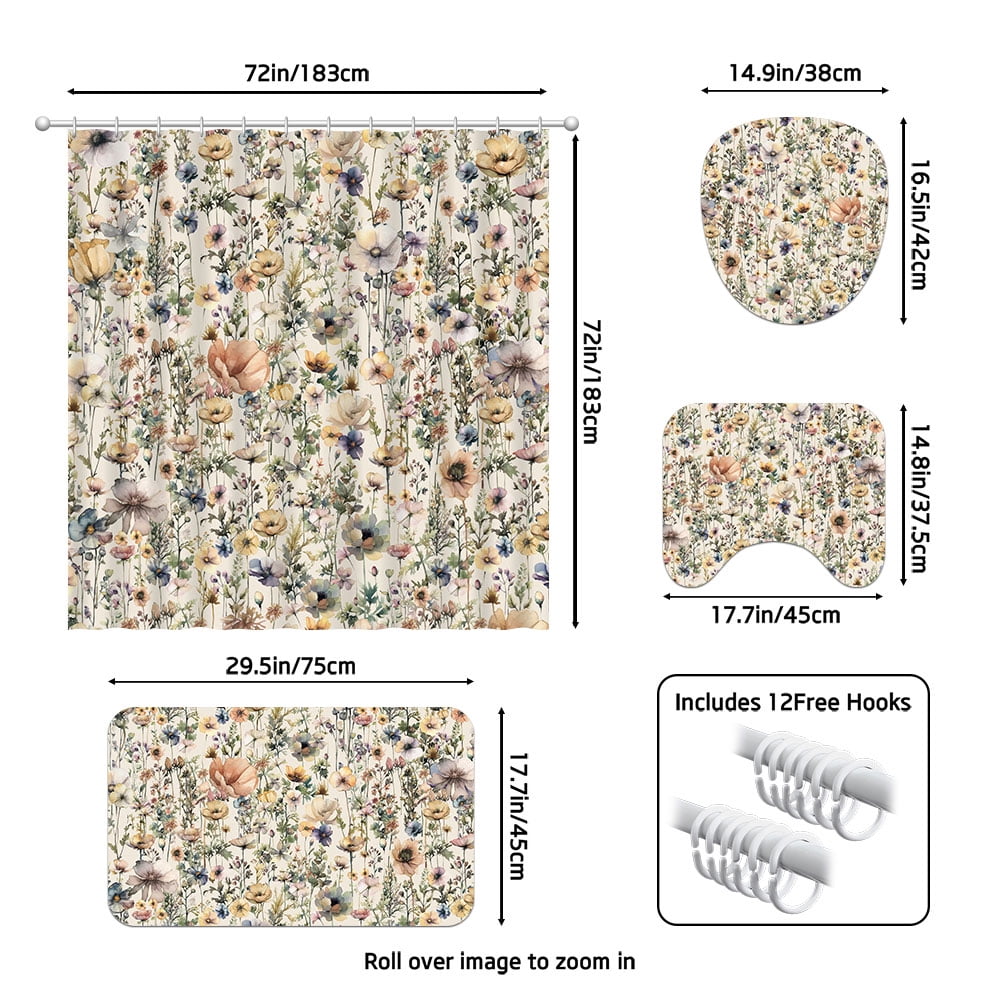 Farmhouse Floral Shower Curtain for Bathroom,Rustic Boho Wildflower and Beige Botanical Fabric 4 Pcs Shower Curtain with Hooks,Spring Country Theme Bathroom Curtains Shower