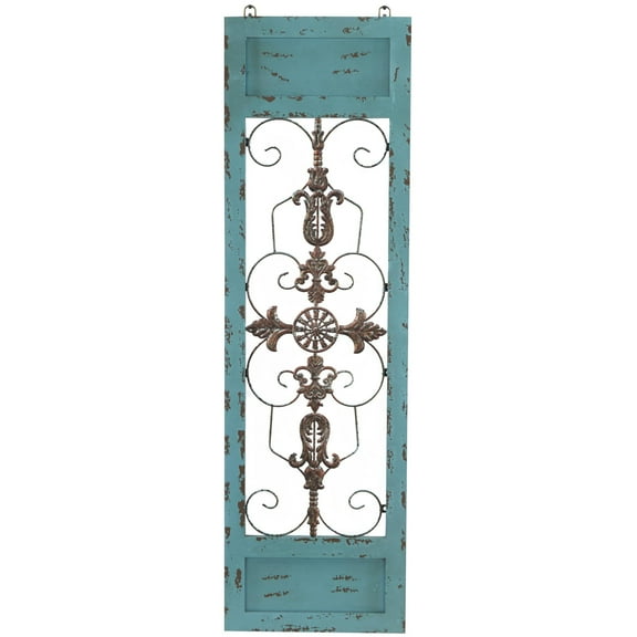 DecMode Teal Wood Arabesque Scroll Wall Decor with Metal Fleur De Lis Relief