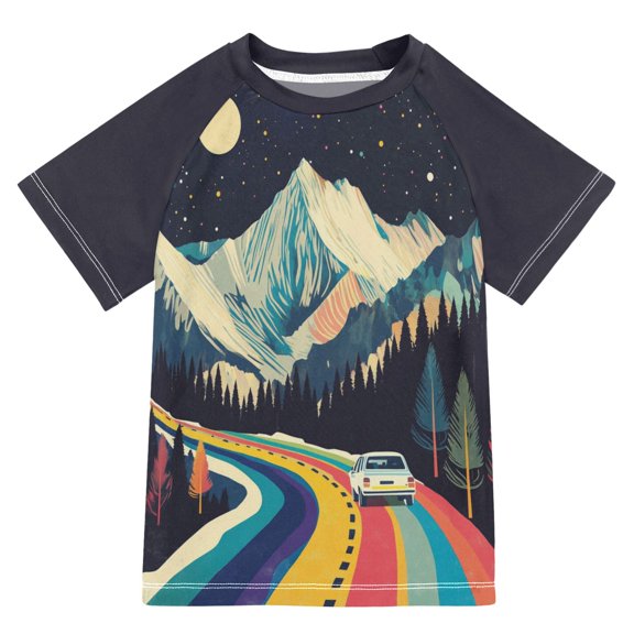 FORMRS Boys Rash Guard Short Sleeves Swim Shirt Quick Dry UPF 50 Sun Protection, Sizes 3-12T, Evening Mountain Road