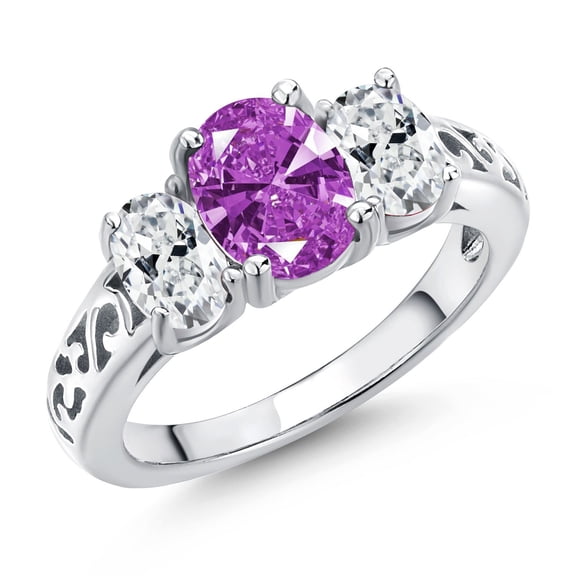 Gem Stone King 925 Sterling Silver Fancy Purple Zirconia and White Zirconia Filigree Style 3 Stone Ring for Women (2.07 Cttw, Oval 8X6MM and 6X4MM) (Size 8)