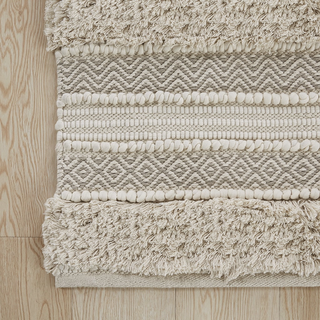 Woven Texture Stripe Bath Rug 20x32 Inches Natural, INK+IVY Asher Boho Hand-Woven Bathroom Rug, Non-Slip Latex Backing Machine Washable Shower Rug for Bathroom Decor