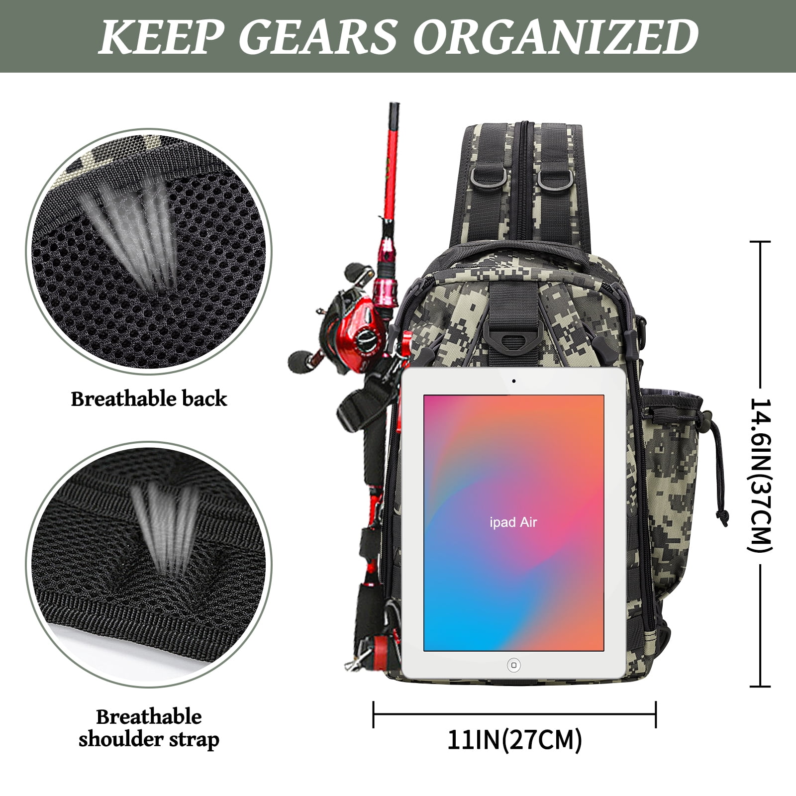 2BK Fishing Backpack Fishing Bag Tackle Box Sling Bag Water-Resistant Fishing Gear Bag with Rod Holder
