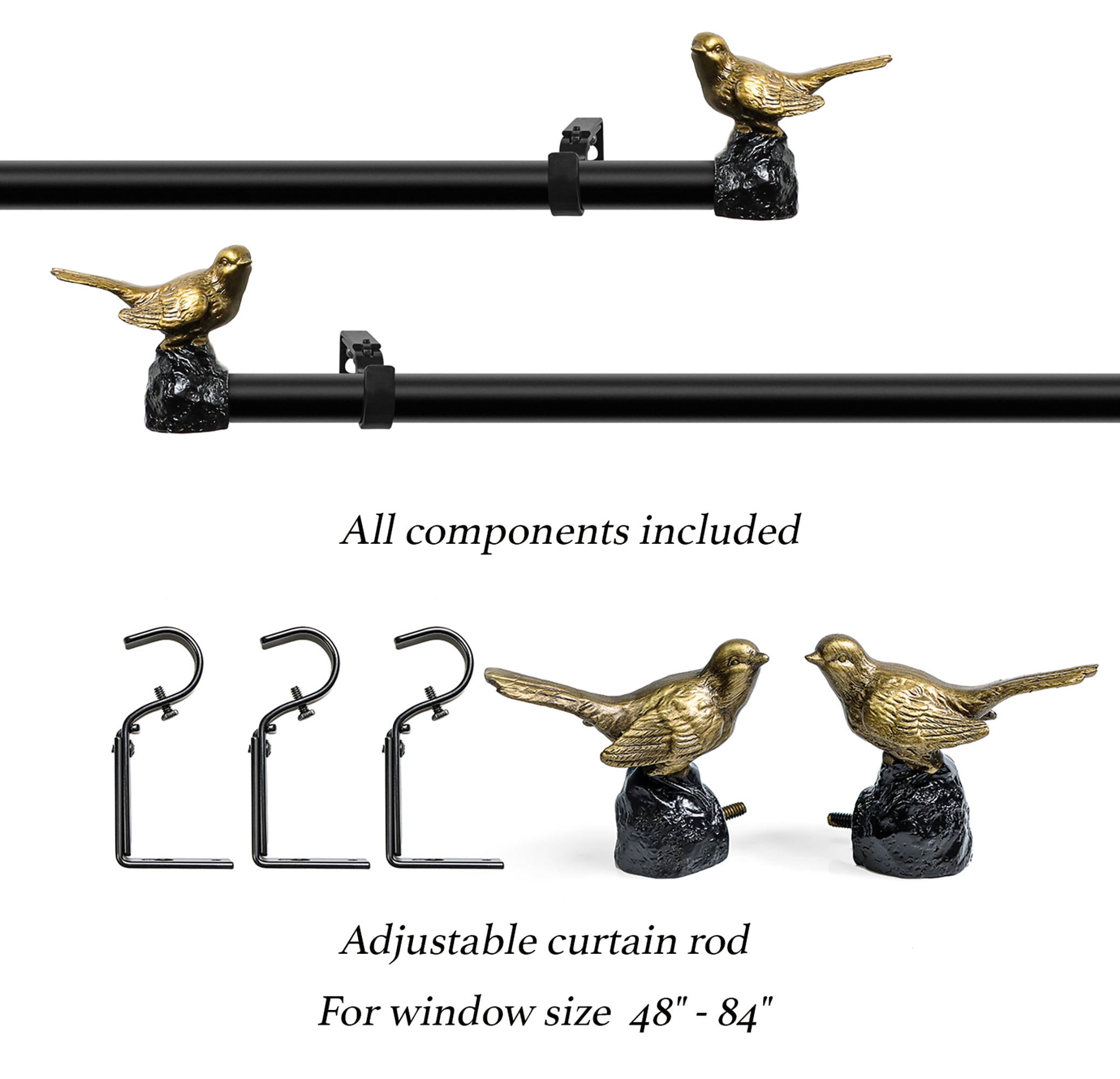 MERIVILLE 1" Single Curtain Rod Set, Adjustable 48-84 Inches, Bird Finials, Renaissance Gold