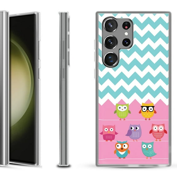 Shockproof Gel Phone Case for Samsung Galaxy S23 Ultra 5G, by OneToughShield - Chevron/Teal/Owl