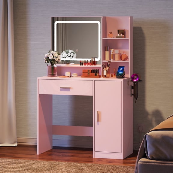 GALAXHERO Pink Vanity Desk with Mirror and Lights, Makeup Tables with Drawer, Cabinet and Storage Shelves,Girls Dressing Table with Charging Station