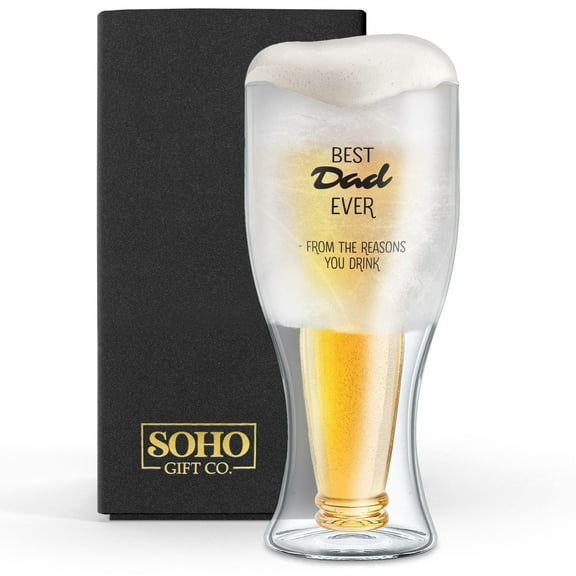 SoHo Upside Down Beer Bottle Glass Gift for Dad, Double Walled Insulated Freezer Cup for Ice Cold Drinks, Funny Frozen Drinking Glass "Best Dad Ever from the Reasons You Drink" (Gift Boxed)