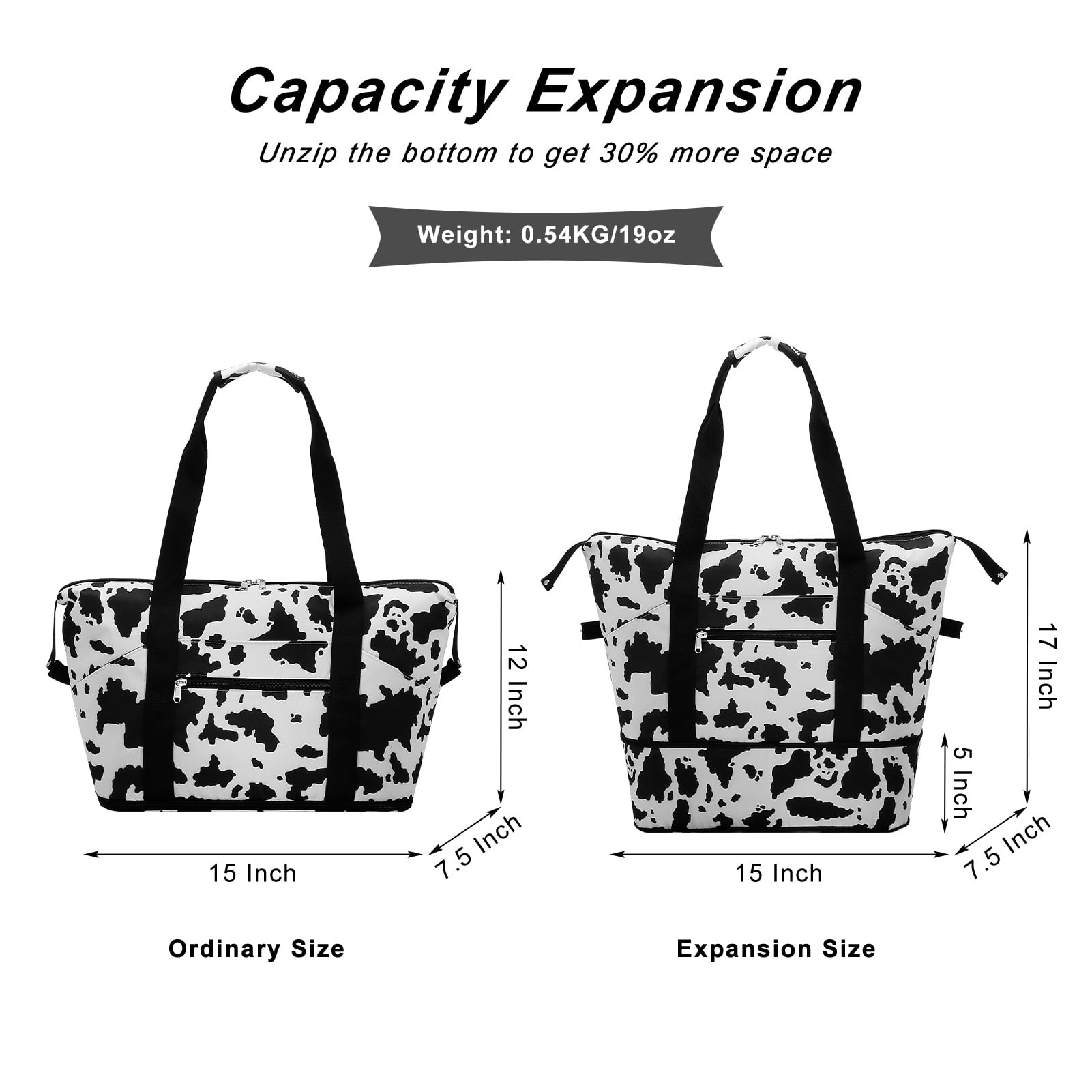 HAWEE Expandable Duffel Bag for Women with Trolley Sleeve and Wet Pocket Water Repellent Weekender Travel Tote Large Capacity Carry On Overnight Luggage for Gym/ Trip/ Camping/ Beach, Cow Print
