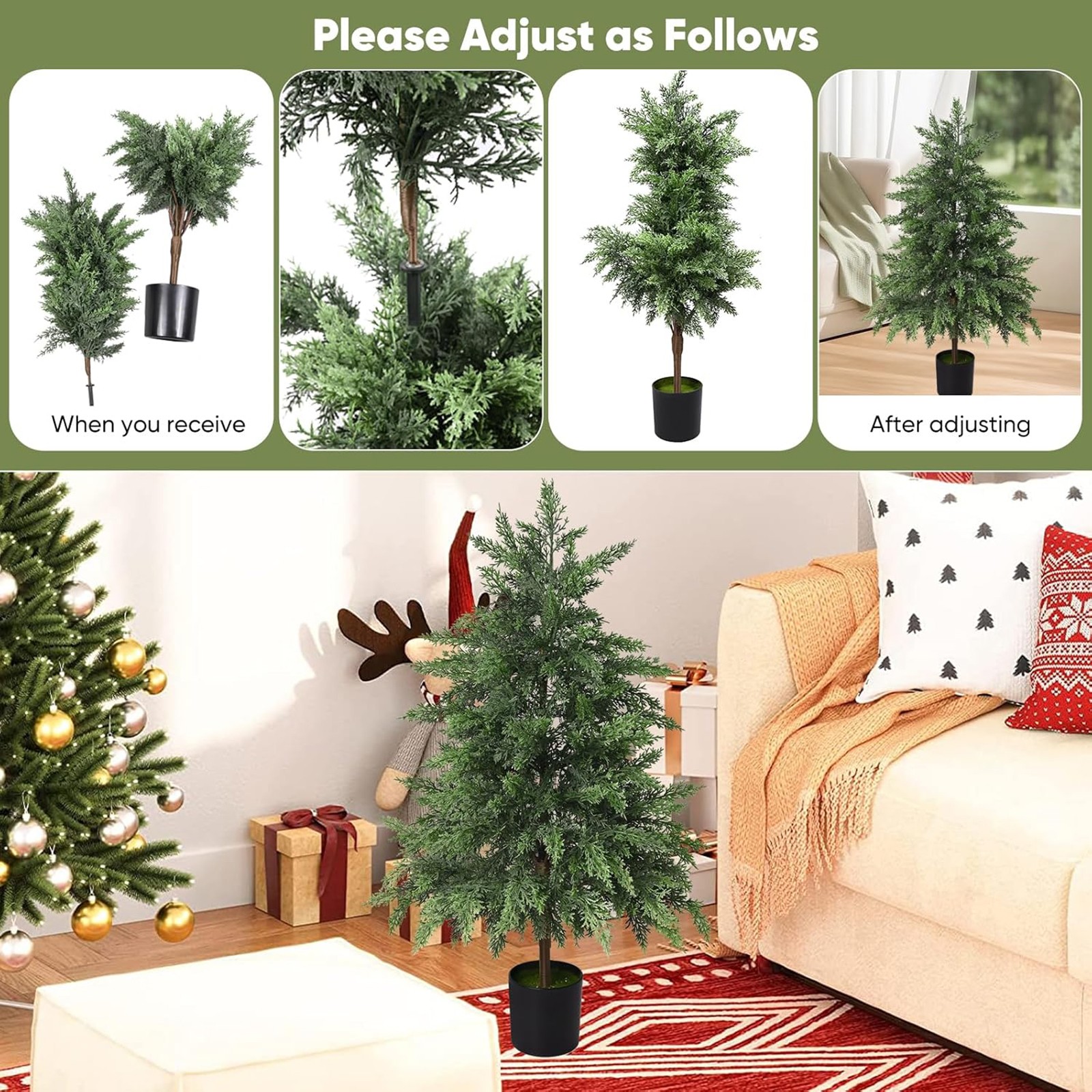 2.95FT Artificial Cedar Topiary Trees for Outdoors Potted Fake Cypress Trees Faux Evergreen Plants for Home Porch Decor
