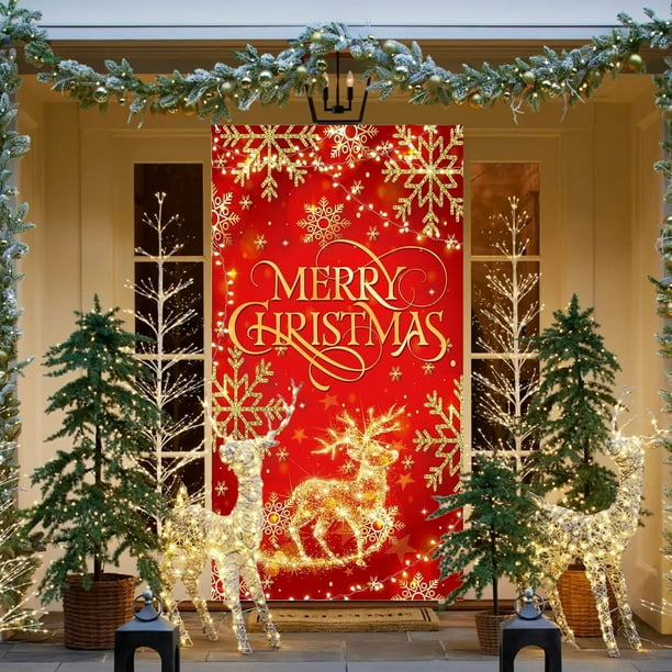 Decoración del hogar, cortina de puerta navideña con patrón de copos de nieve y renos rojos, fondo de fotografía grande, pancartas de puerta de entrada para interiores y exteriores de invierno, sumini