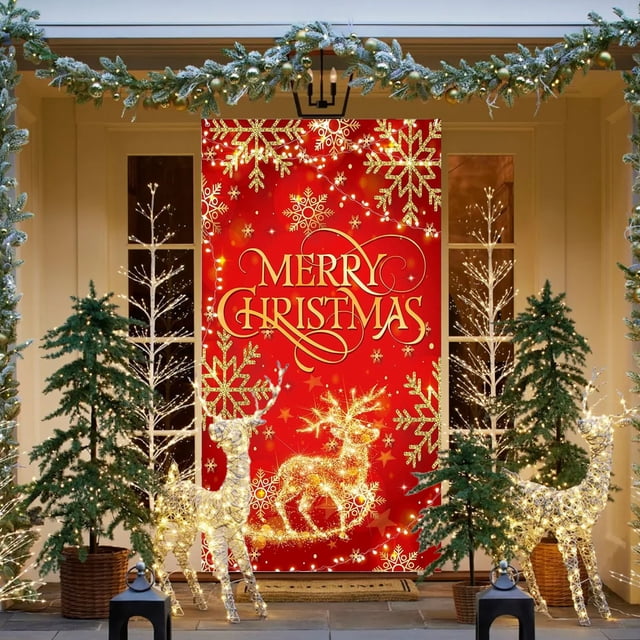 PEONAVET Couverture de Porte de Noël Rideau de Porte de Noël Motif Renne Rouge Flocon de Neige Grand Fond de Photographie Bannières de Porte d'Entrée Intérieur Extérieur Fournitures de Fête 6x3 Pieds