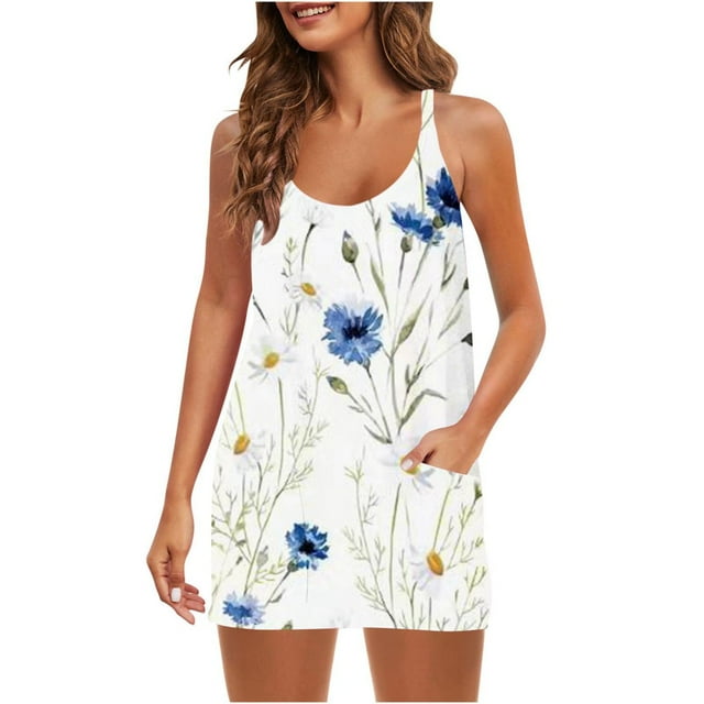 Femmes Été Sans Manches Mini Robe V Cou Bretelles Spaghetti Robe de Soleil Athlétique Robe Courte avec Poches