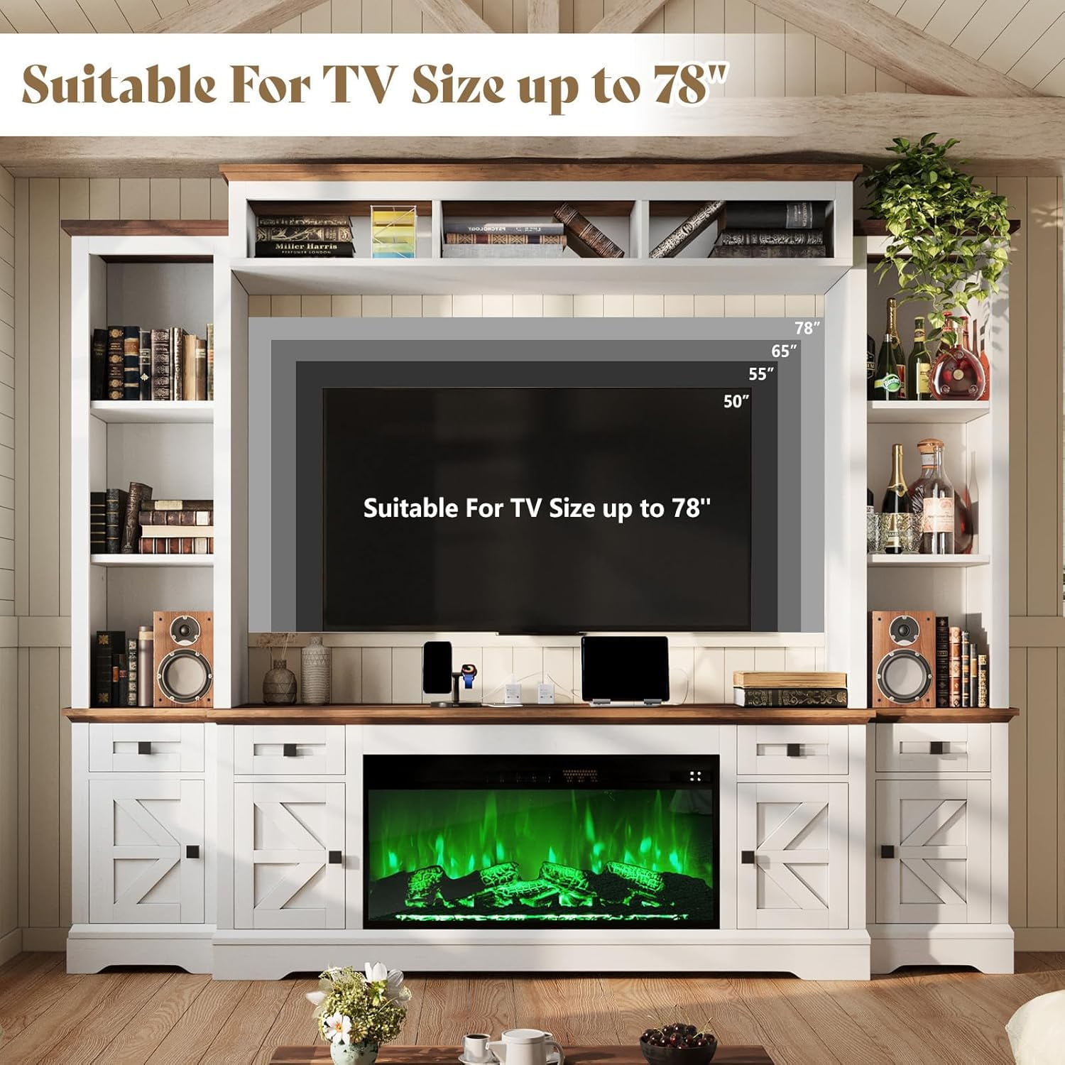 Merluxy 98" Farmhouse TV Stand with Fireplace, Entertainment Center, Bookshelf, Wall Unit Media Console with Power Outlets & Barn Doors, Off-White
