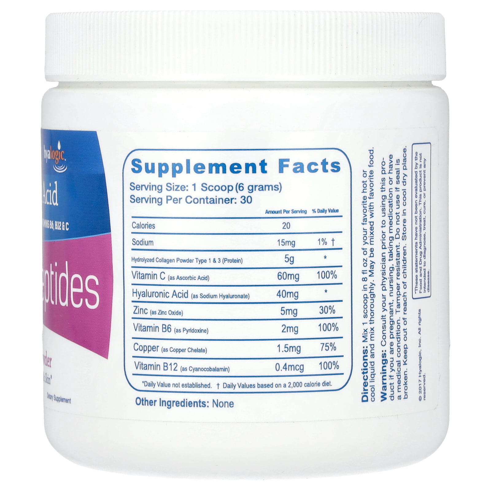 Hyalogic Collagen Peptides Unflavored 6.4 oz Powder