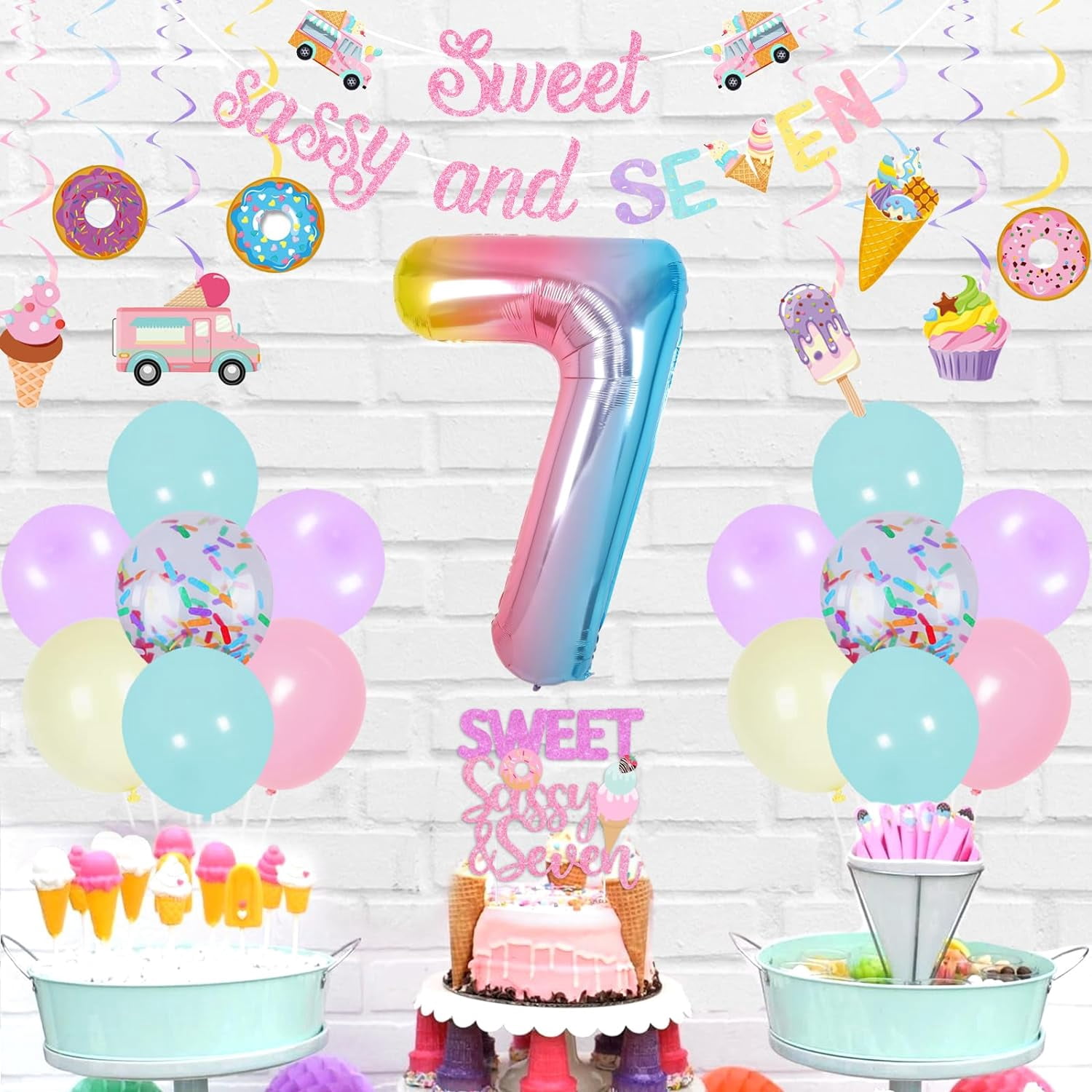 Sweet Sassy And Seven Birthday Decoration, Ice Cream 7th Birthday Decoration Banner Cake Cupcake Topper Hanging Swirls Balloon Garland Arch Kit for Girl Summer Ice Cream Theme 7th Birthday
