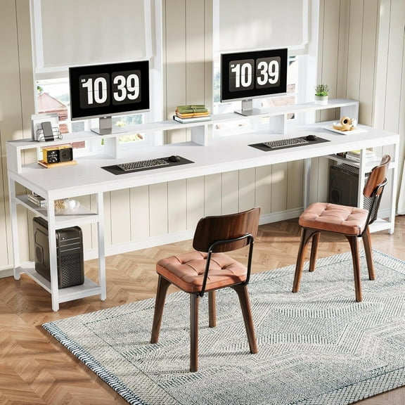 Tribesigns 78.74 Inches Extra Long Two-Person Desk, Double Computer Desk with Monitor Stand and Storage Shelves, Study Work Table for Home Office