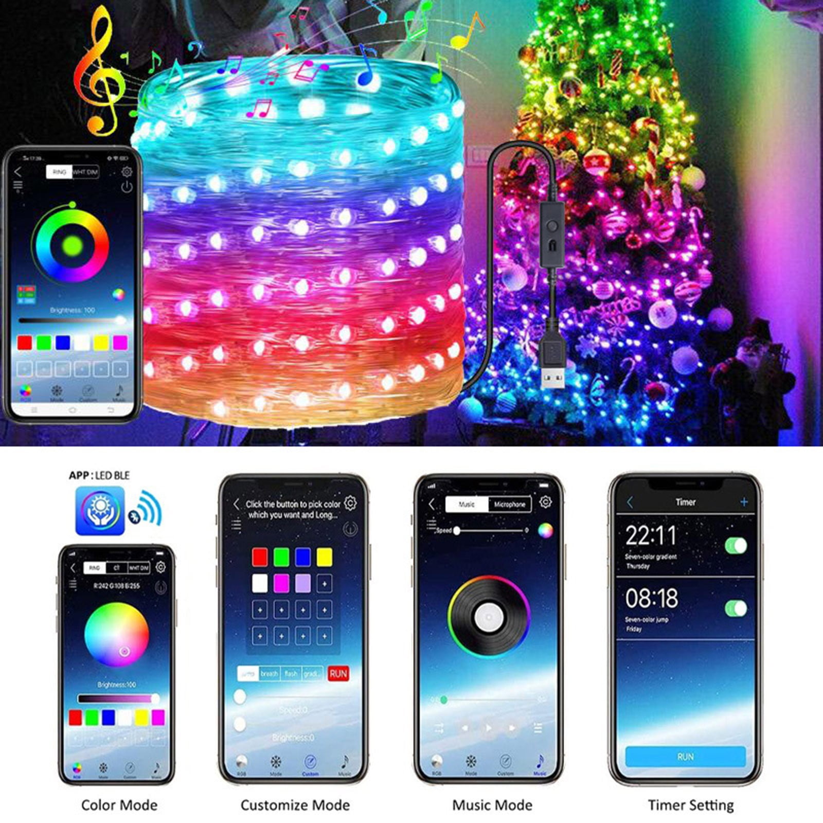 Color Changing Fairy Lights, 5m 50 LED Christmas Lights Multicolor with Remote, White Xmas Tree