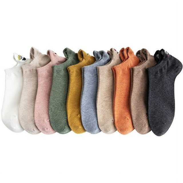 10 pares de calcetines bonitos para mujer, divertidos calcetines Kawaii de dibujos animados con cara sonriente bordada, calcetines cortos de algodón para mujer, calcetines de verano