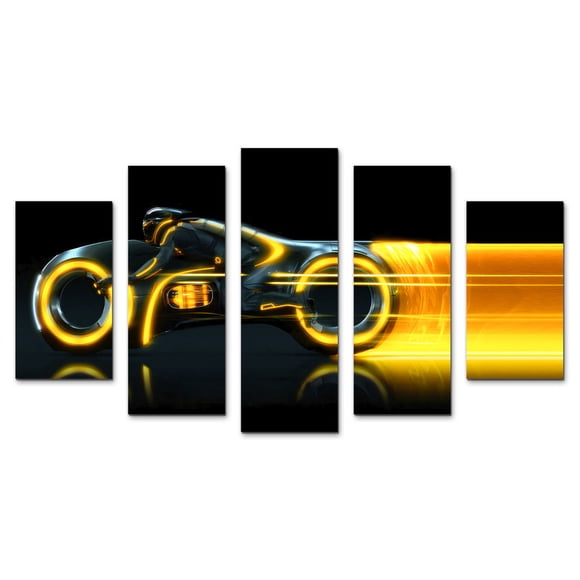 Juego de Cuadros Decorativos, Motocicleta de Tron, Estilo Futurista de Ciencia Ficción, 5 Piezas, Ideal para Salas de Juego y Cines en Casa, 150x80cm