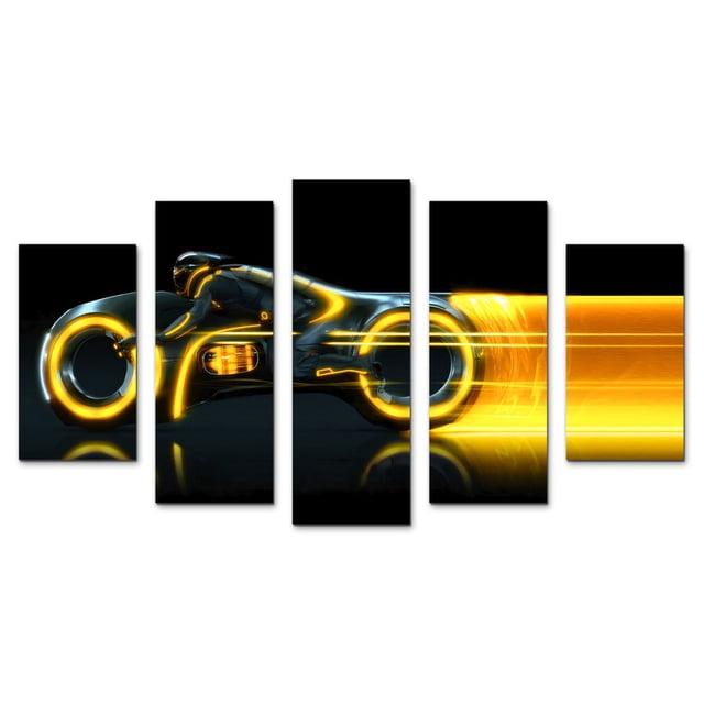 Juego de Cuadros Decorativos, Motocicleta de Tron, Estilo Futurista de Ciencia Ficción, 5 Piezas, Ideal para Salas de Juego y Cines en Casa, 150x80cm