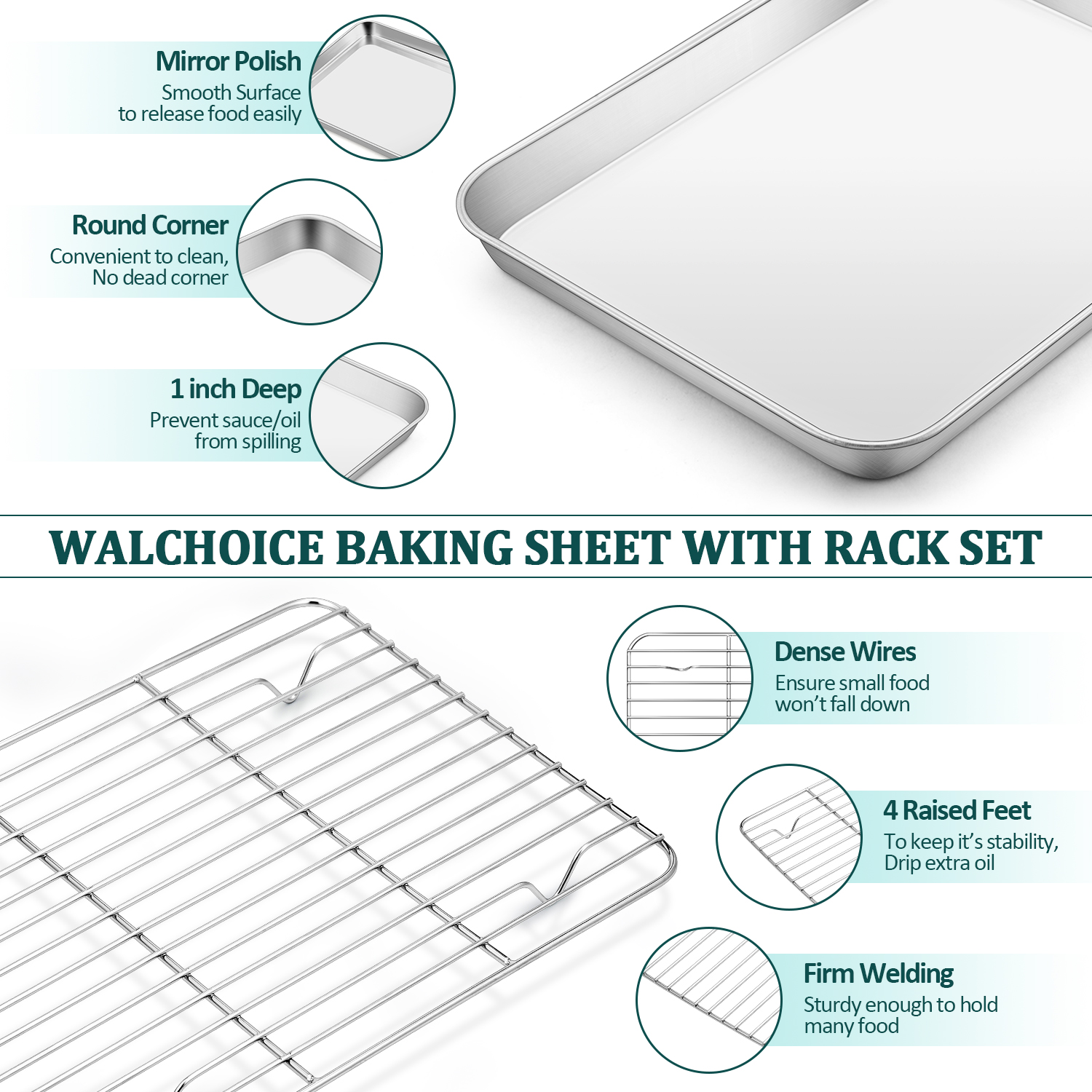 Walchoice Stainless Steel Baking Sheet with Cooling Rack Set, 4-Piece photo 5