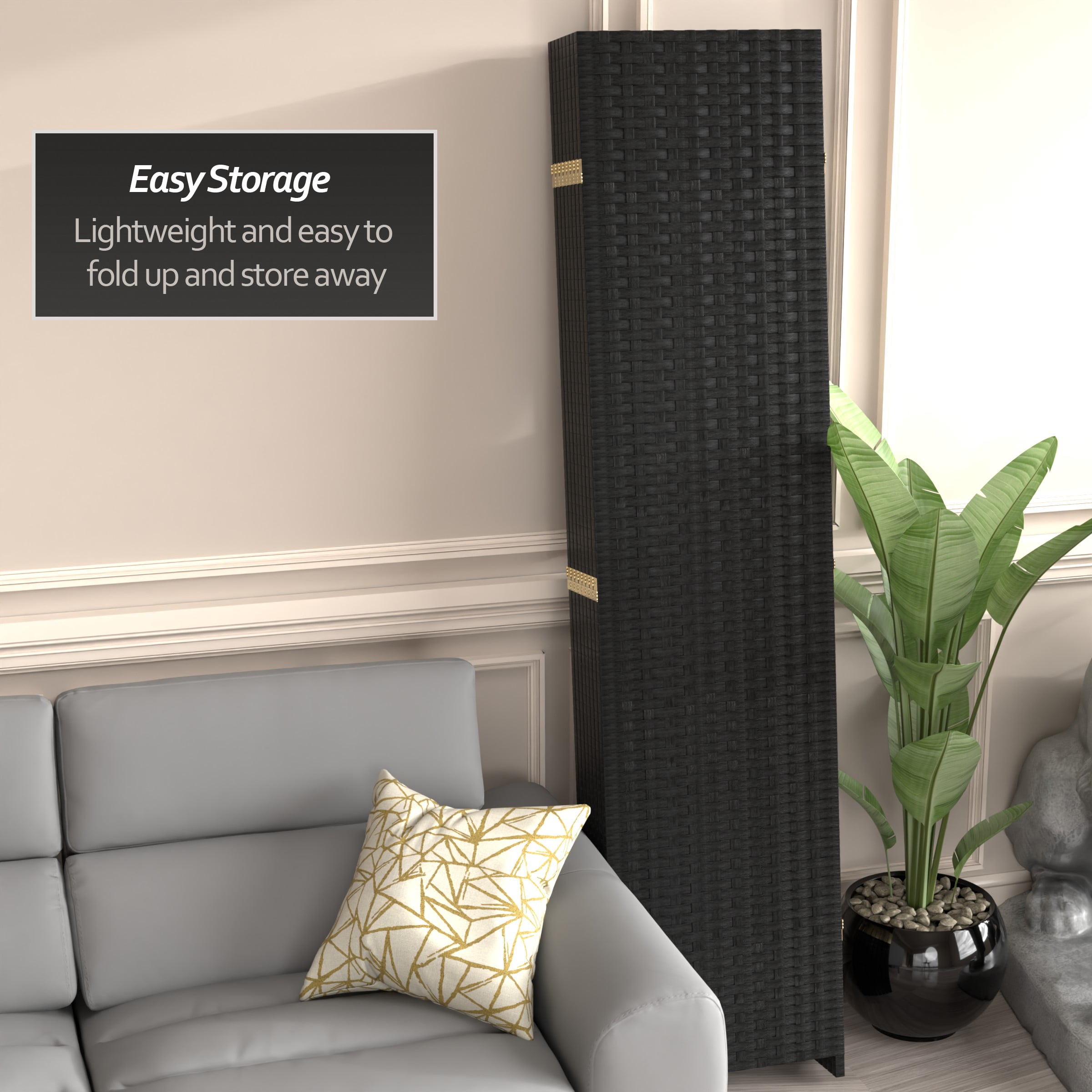 Red Lantern 7 ft. Tall Woven Fiber Folding Screen - Black - 8 Panel