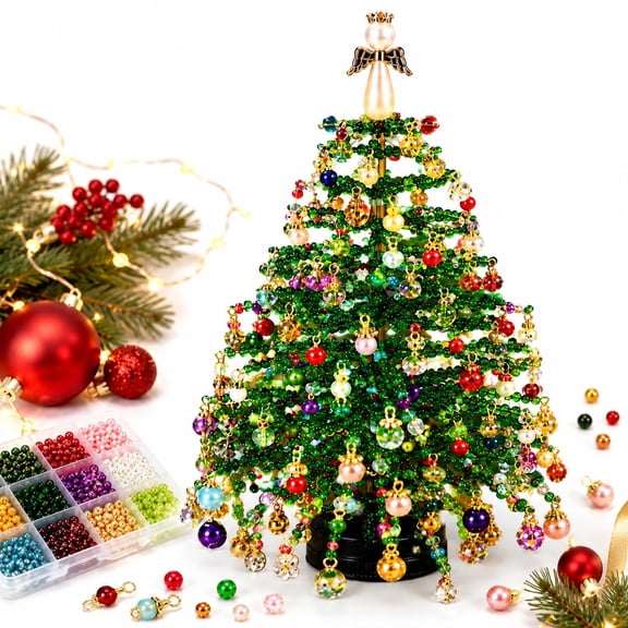 Bead Crafts for Adults, 3D DIY Beaded Christmas Tree Kit, Crystal Tabletop Ornament for Holiday Decor