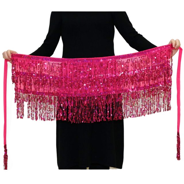 Jumpingount a la cadera para danza del vientre a la moda, faldas con borlas, multicolor, hermosa lentejuela, diamantes de imitación brillantes, Prendas para la parte inferior del cuerpo Rosa roja Jumpingount AP012243-02