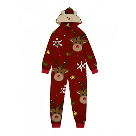 

Gureui Matching Christmas Family Pajamas One Piece Jumpsuit Long Sleeve Hooded Cartoon Elk Printed Zipper Closure Sleepwear for Mom/Dad/Kids/Baby