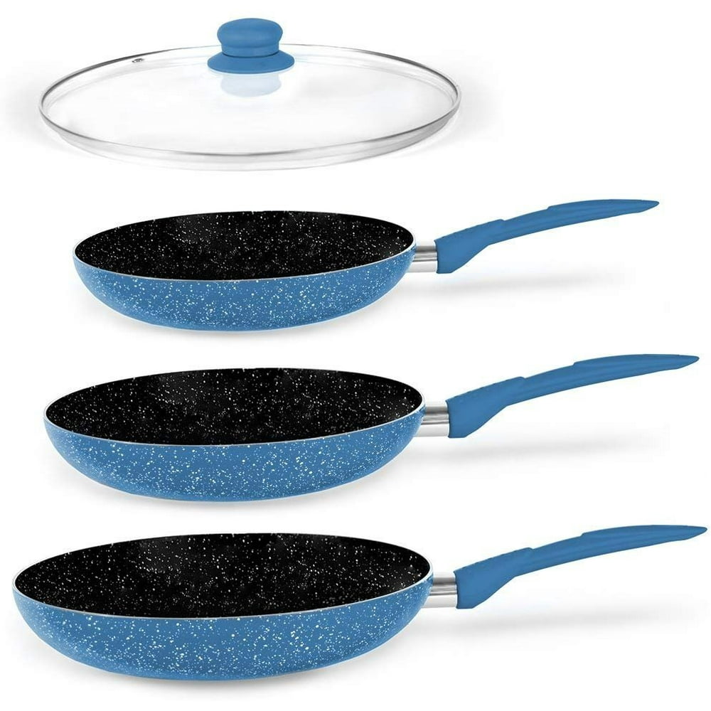 Marble Stone Coated Frying Pan's Set of 3 with a Large Glass Lid (BLUE