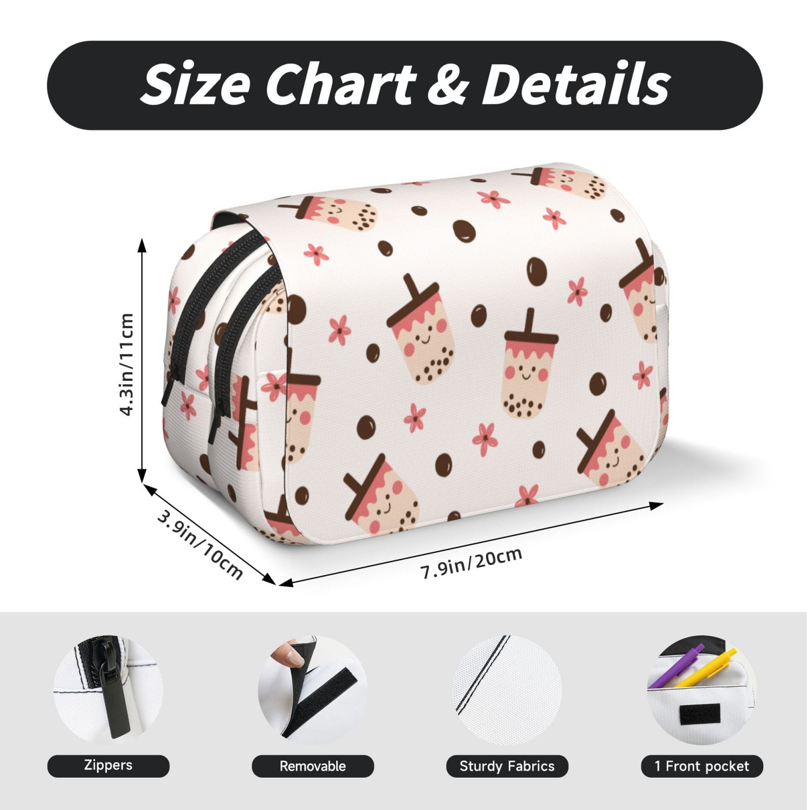 Rateoe Milk Tea4 Pattern Double Clamshell Pen Case, Storage Organizer with Two Zipper Compartments– Holds Up to 50 Pencils & Pens