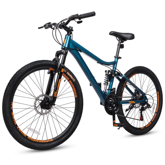 Hykolity Mountain Bike 26 Inch, 21 Speed MTB for Adult Men Women, Full Suspension, Aluminum Frame, Dual Disc Brakes Outdoor Cycling Bicycle, Teal Blue