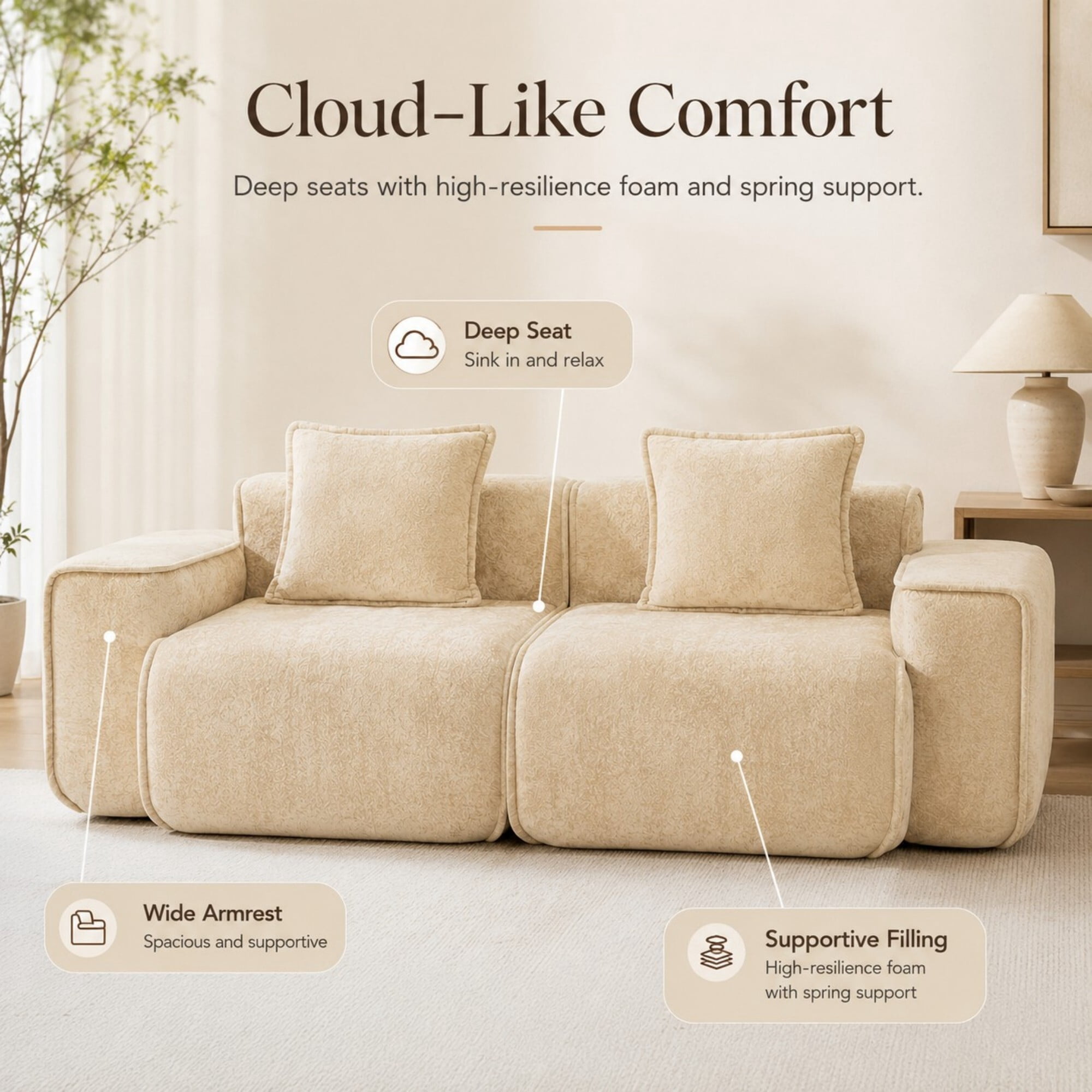 DEALTOPS 78.7" Modern 2-Seater Velvet Boneless Cloud Sofa Couch, Modular Loveseat with 2 Pillows, Beige
