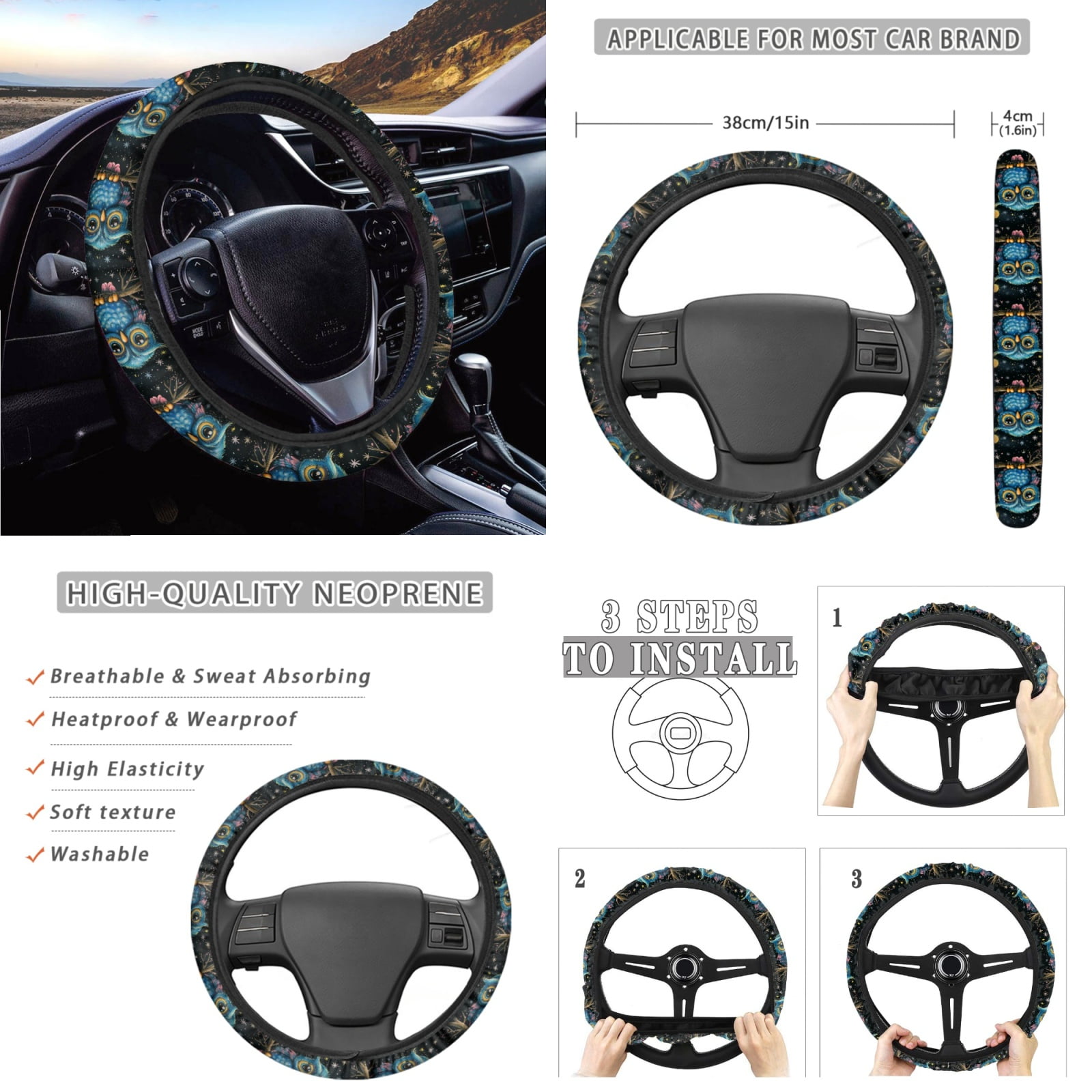 Yuyamidu Owl Car Seat Cover Full Set of 14 Cute Steering Wheel Cover Seatbelt Pads Armrest Cushion Trash Can Rearview Mirror Cover Handbrake Cover Set Coasters Auto Interior Accessories