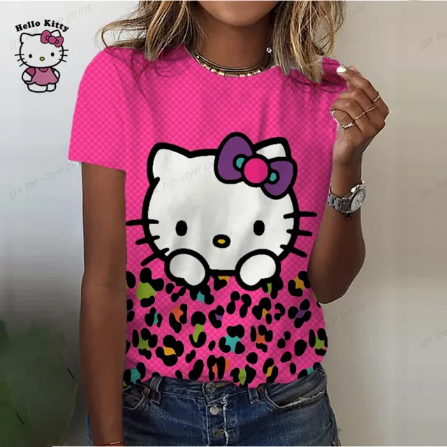 T-Shirt Mode Adorable Hello Kitty Impression 3D Femmes Dames Filles Dessin Animé Harajuku Col Rond Manches Courtes Unisexe Hauts et T-Shirts d'Été 5TG ZR