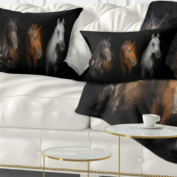 Designart Black Red and White Horses - Animal Throw Pillow - 12x20