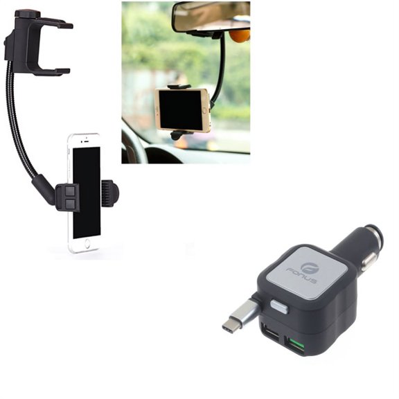 Retractable Car Charger w Mirror Holder Mount Holder J6E for Acer Liquid Jade Primo - Alcatel PulseMix, 7, Idol 5S 5 4S - ASUS Zenfone V Live, ROG Phone, AR 6 5z 4 Pro - Blackberry Motion