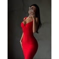 thumbnail image 5 of Red Womens Spaghetti Strap V-Neck Bodycon Midi Dress, Elegant Cocktail Party Gown, 5 of 8