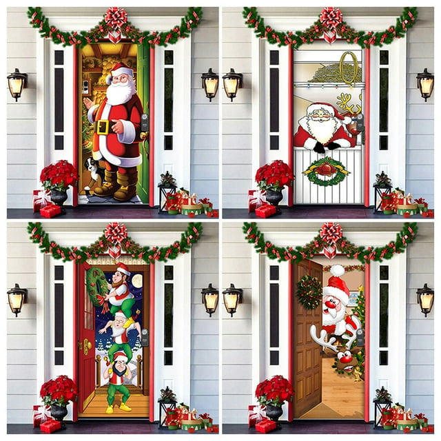 Cubierta De Puerta De Navidad Decoración de puerta de bienvenida de Feliz Navidad, 91cm x 203cm, bonita para uso interior y exterior